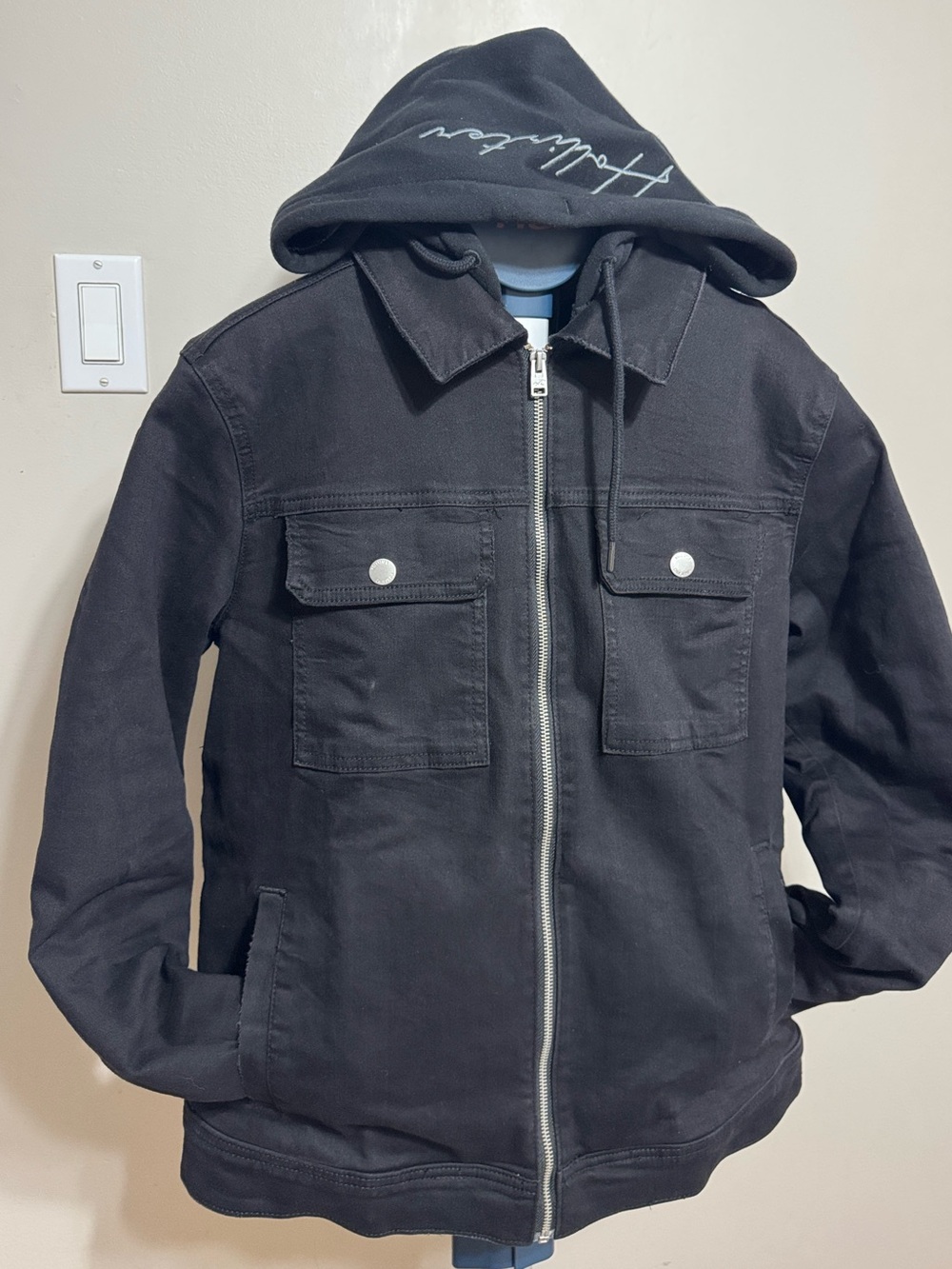 Men Hollister Black Hooded Denim Puffer Jacket with Collar Size US M